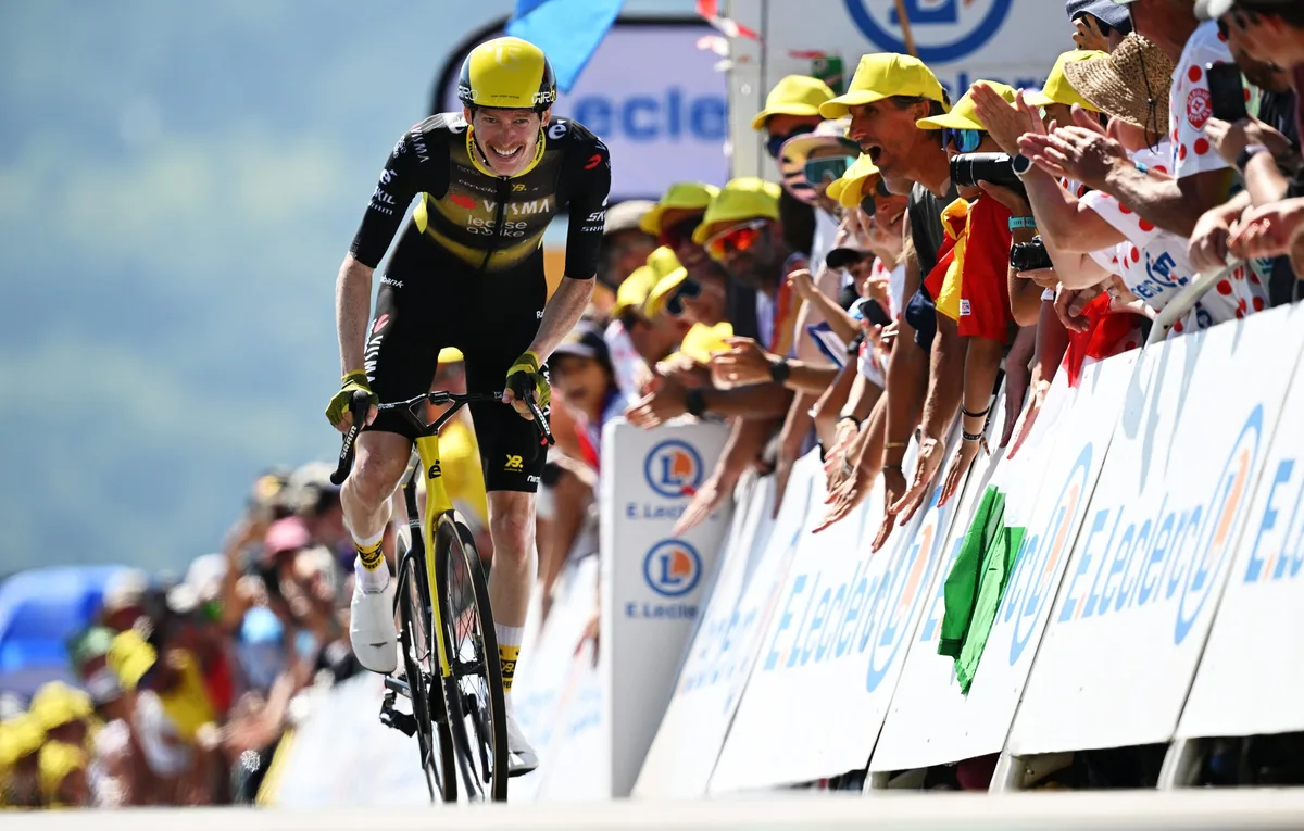 PEYRAGUDES, FRANCE - JULY 18: Matteo Jorgenson of The United States and Team Visma | Lease a Bike crosses the finish line during the 112th Tour de France 2025, Stage 13 a 10.9km individual time trial stage from Loudenvielle to Peyragudes 1561m / #UCIWT / on July 18, 2025 in Peyragudes, France. (Photo by Tim de Waele/Getty Images)