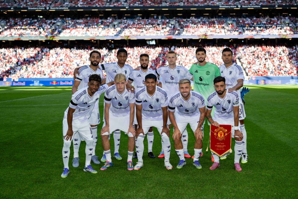 Matheus Cunha, Chido Obi, Noussair Mazraoui, Matthijs de Ligt, Altay Bayindir, Casemiro, Amad, Toby Collyer, Diego Leon, Luke Shaw and Bruno Fernandes ahead of the pre-season friendly match between Manchester United and Leeds United at the Strawberry Arena in 2025 in Solna, Sweden.