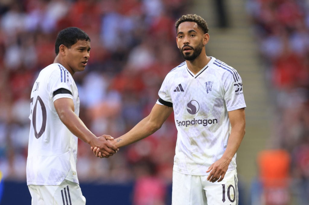 Matheus Cunha and Diego Leon of Manchester United during the pre-season friendly match between Manchester United and Leeds United at Strawberry Arena on July 19, 2025