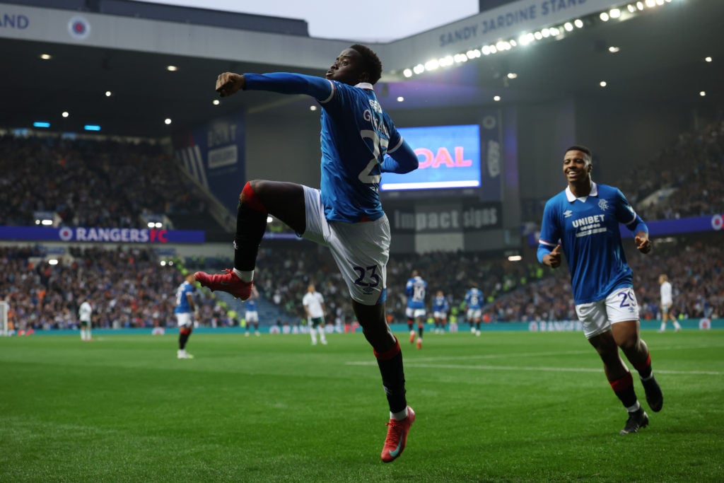 Djeidi Gassama of Rangers celebrates scoring his team's second goal during the UEFA Champions League Second Qualifying Round First Leg against Panathinaikos