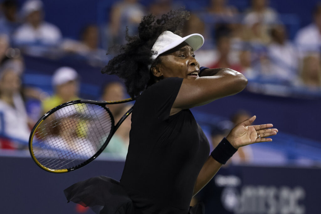 Venus Williams returns a shot against Peyton Stearns (not pictured) during a women's single match on day 2 of the Mubadala Citi DC Open 2025 at William H.G. FitzGerald Tennis Center on July 22, 2025 in Washington, DC.