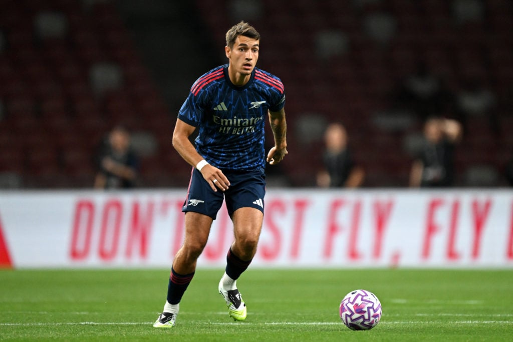 Jakub Kiwior of Arsenal runs with the ball during the Pre-Season Friendly match between Arsenal FC and AC Milan at Singapore's National Stadium on July 23, 2025