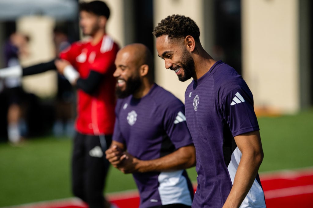Bryan Mbeumo, Matheus Cunha of Manchester United in action during a first team training session as part of their pre-season tour of the USA at Endeavor Health Performance Center on July 23, 2025