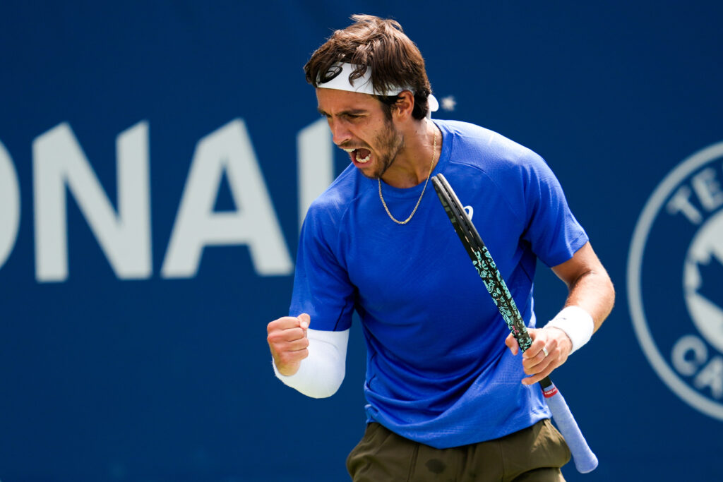 Lorenzo Musetti of Italy celebrates after a point against James Duckworth of Australia on day four of the 2025 National Bank Open at Sobeys Stadium in Toronto, Ontario, Canada on July 29, 2025.