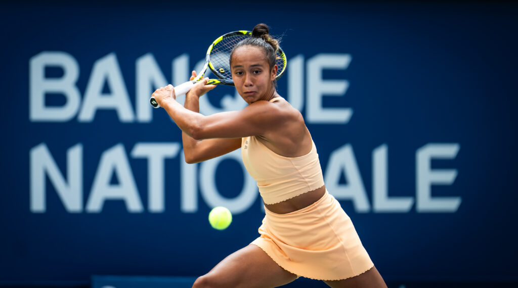 Leylah Fernandez of Canada in action against Maya Joint of Australia in the first round on Day 3 of the National Bank Open at Stade IGA on July 29, 2025 in Montreal, Quebec
