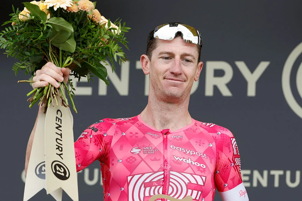 PONTARLIER, FRANCE - JULY 26: Harry Sweeny of Australia and EF Education - EasyPost receives the 'best combative rider' of the stage during the podium ceremony of Stage 20 of the 112th Tour de France 2025, a 184 km stage from Nantua to Pontarlier on July 26, 2025 in Pontarlier, France. (Photo by Jean Catuffe/Getty Images)