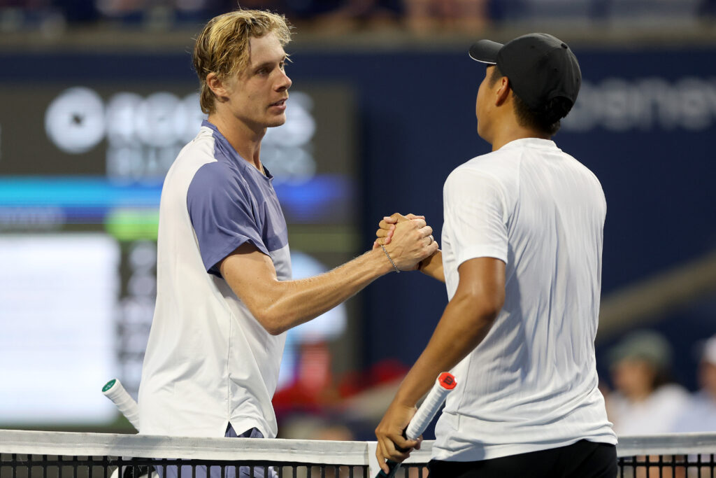 Denis Shapovalov of Canada congratulates Learner Tien of United States after their match during the National Bank Open Presented by Rogers at Sobeys Stadium on July 29, 2025 in Toronto, Ontario.