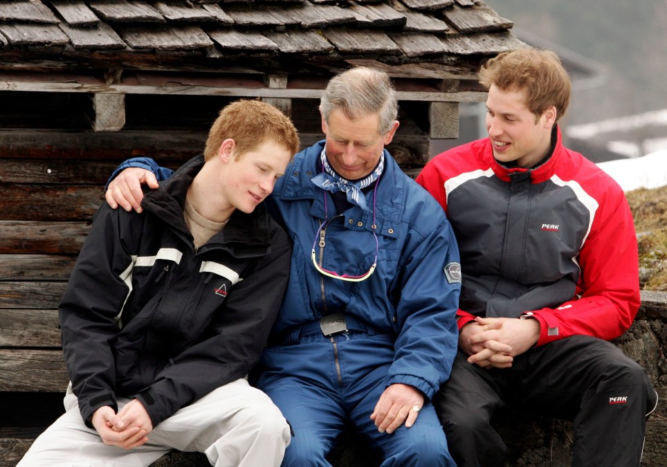 HRH Prince Charles poses with his sons Prince William (R) and Prince Harry (L)