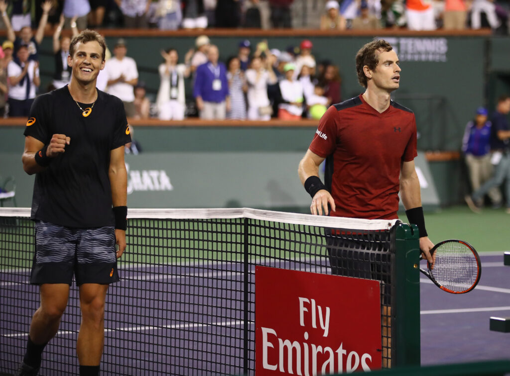 Vasek Pospisil of Canada celebrates after his straight sets victory against Andy Murray of Great Britain in their second round match during day six of the BNP Paribas Open at Indian Wells Tennis Garden on March 11, 2017 in Indian Wells, California.