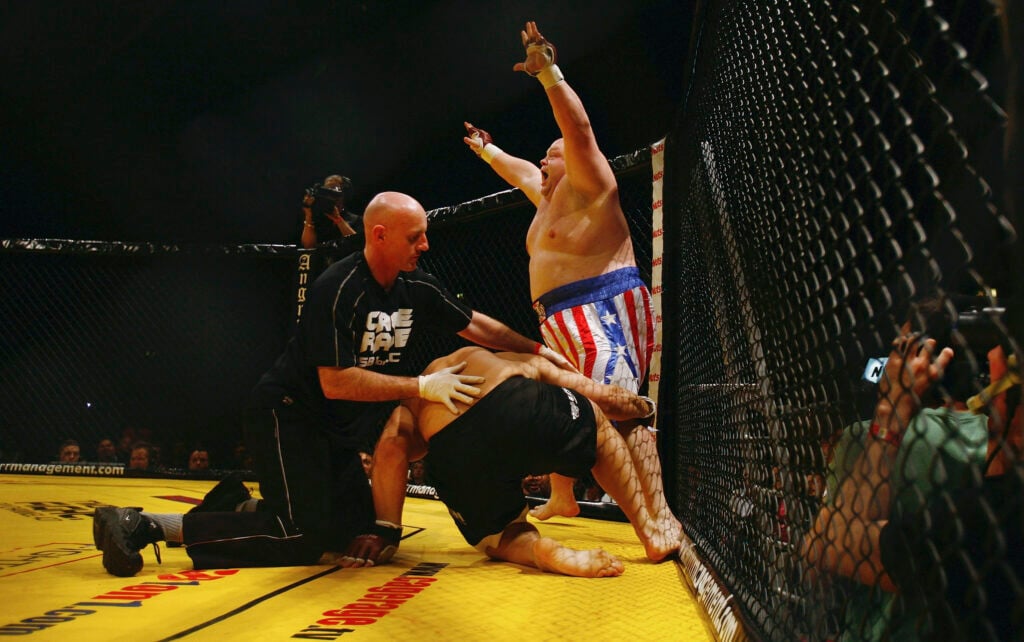 Eric Butterbean Esch celebrates winning in his over James Thompson