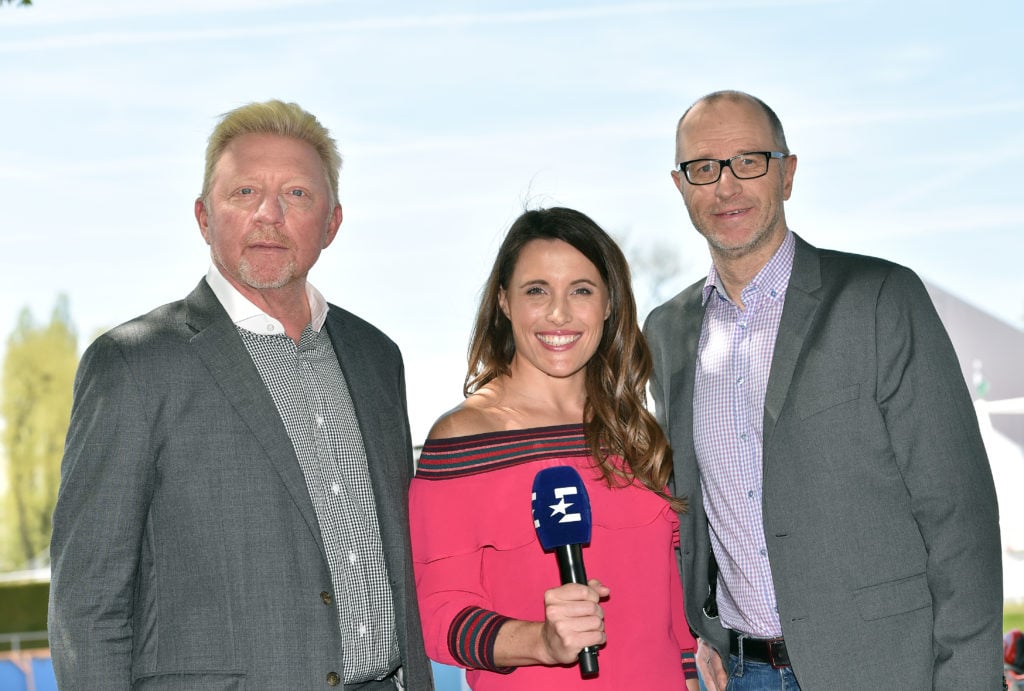 Boris Becker, Birgit Noessing and Matthias Stach attend the Eurosport press conference