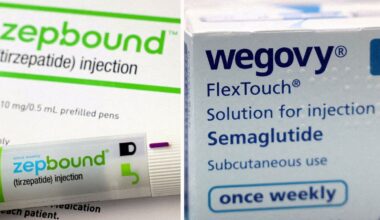 A combination image shows an injection pen of Zepbound, Eli Lilly's weight loss drug, and boxes of Wegovy, made by Novo Nordisk.