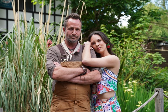 Liberty and Jez pose outside The Dog in Hollyoaks