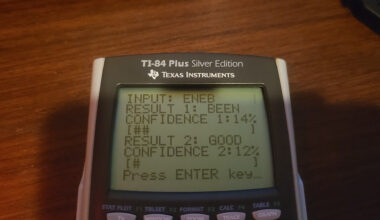 An image of a light grey graphing calculator with a dark grey screen and key surround. The text on the monochrome LCD screen shows "Input: ENEB Result 1: BEEN Confidence 1: 14% [##] Result 2: Good Confidence 2: 12% [#] Press ENTER key..."