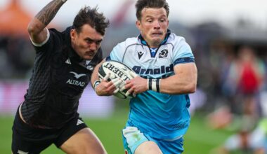 George Horne escapes the clutches of former Glasgow Warriors team-mate Cole Forbes during Scotland's tense victory over the Māori All Blacks at Semenoff Stadium in Whangārei. Image: Fiona Goodall / SNS Group
