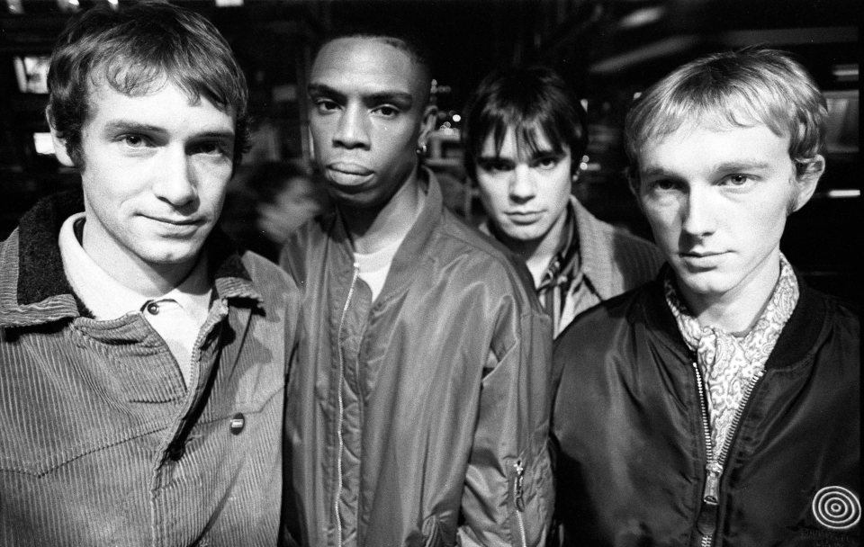 Ocean Colour Scene, group portrait, London, United Kingdom, 1996. L-R: Simon Fowler, Oscar Harrison, Damon Minchella, Steve Cradock. (Photo by Martyn Godacre/Getty Images)