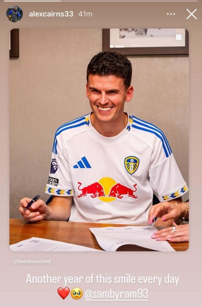 Screenshot of Alex Cairns' Instagram story, providing reaction to Sam Byram's new Leeds deal.