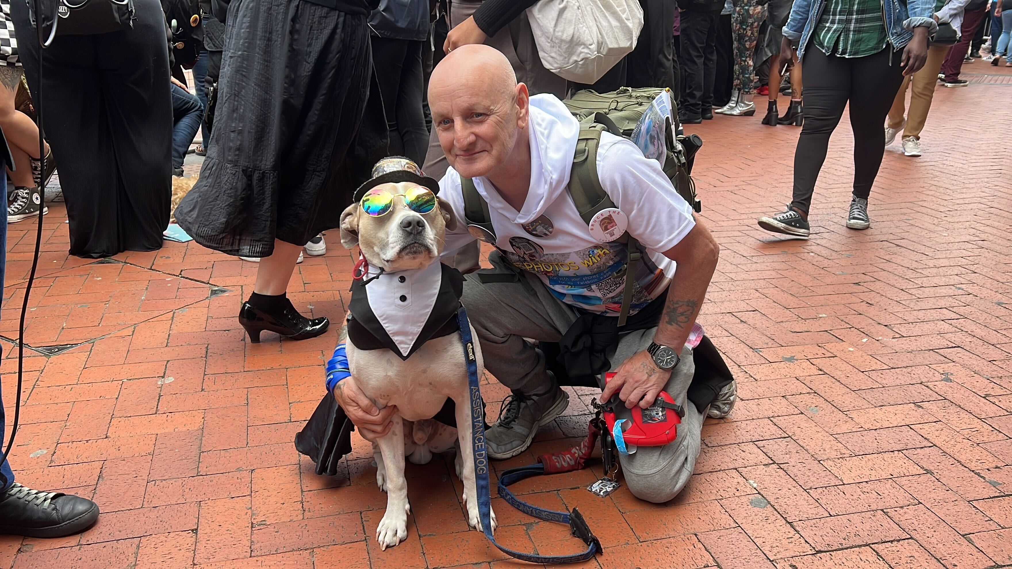Roy Brown-Lowe, 64, with his faithful hound Bruce, who has been renamed ‘Doggy Osbourne’ for the day.
