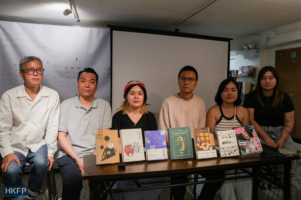 Representatives of six independent publishers and bookstores hold a press conference on July 13, 2025. From Left: Leslie Ng of Bbluesky, Chan Wai-hung of Eleven Six Workshop, editor of Post Script Cultural Collaboration, editor of Word by Word Collective, Leanne Liu of Boundary, and Leticia Wong of Hunter. Photo: Kyle Lam/HKFP. 