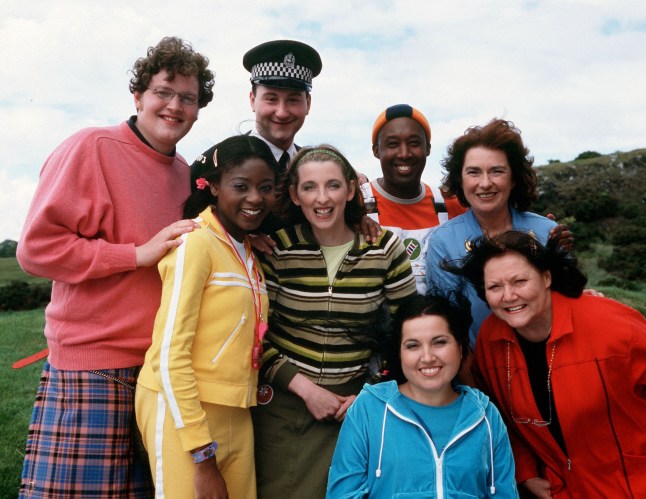 TELEVISION PROGRAMME, 'TOBERMORY', TX BBC. Picture Show:Back row l to r: MILES JUPP as Archie, BUKI AKIB as Josie Jump, ANDREW AGNEW as PC Plum, JULIE WILSON NIMMO as Ms Hoolie, RODD CHRISTENSEN as Spencer, JULIET CADZOW as Edie McCredie. Front row: KIM TSERKEZIE as Penny Pocket and MARY RIGGANS as Suzie Sweet. Monday, 02 September, CBeebies, 2002 What's the story from Balamory? Meet the residents of Balamory this Autumn on CBeebies, in a new, live action daily programme for pre-school children, set around the adventures of the small island community of Balamory, in Scotland. The cast is a mixture of children and adults - the young children of the local nursey and their teacher, Ms Hoolie. These regular characters will be joined by PC Plum, Archie the inventor, Spencer the Painter, Edie McCready the bus driver, Joise Jump the fitness instructor and Susie Sweet and Penny Pocket who run the local sweet shop. WARNING: This copyright image may be used only to publicise current BBC programmes or other BBC output. Any other use whatsoever without specific prior approval from the BBC may result in legal action....CBeebies Monday, 02 September, CBeebies, Unmanipulated picture...London...London...United Kingdom (Mary Riggans died 2/12/2013)