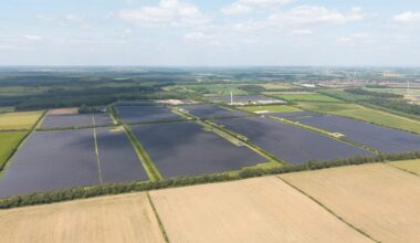 a drone photo of a large solar array