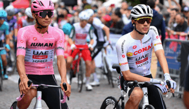 ROVIGO, ITALY - MAY 23: (L-R) Isaac Del Toro of Mexico and Team UAE Team Emirates - XRG - Pink Leader Jersey and Juan Ayuso of Spain and Team UAE Team Emirates - XRG - White Best Young Rider Jersey prior to the 108th Giro d'Italia 2025, Stage 13 a 180km stage from Rovigo to Vicenza / #UCIWT / on May 23, 2025 in Rovigo, Italy. (Photo by Tim de Waele/Getty Images)