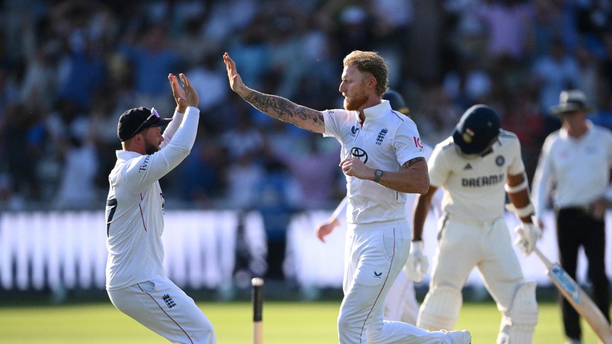 England bowler Ben Stokes celebrates the wicket of India batsman Akash Deep with Ben Duckett during day four of the Third test match between England and India at Lord's Cricket Ground on July 13, 2025 in London, England