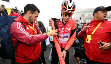 Thymen Arensman makes is way to the podium and press conference after winning stage 14 at the 2025 Tour de France