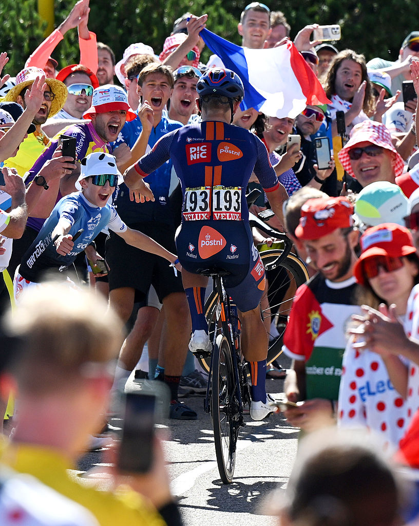 MONT VENTOUX, FRANCE - JULY 22: Pavel Bittner of Czech Republic and Team Picnic PostNL competes climbing to the Mont Ventoux (1902m) while fans cheers during the 112th Tour de France 2025, Stage 16 a 171.5km stage from Montpellier to Mont Ventoux 1902m / #UCIWT / on July 22, 2025 in Mont Ventoux, France. (Photo by Dario Belingheri/Getty Images)