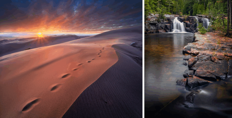 A split image: on the left, footprints lead over sand dunes toward a vibrant sunrise; on the right, a small waterfall cascades into a calm, rocky forest stream.