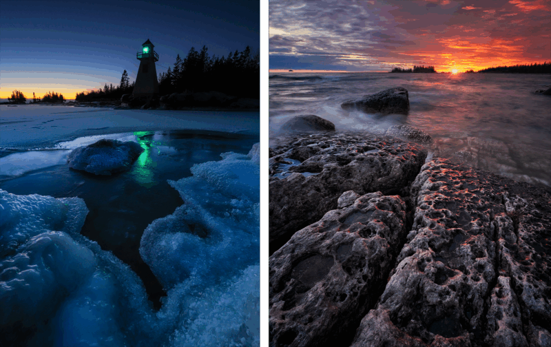 Split image: Left side shows a frozen shoreline with a lighthouse glowing green at dusk. Right side shows rocky coast with waves and a vibrant orange sunset sky. Both scenes feature dramatic lighting and rugged landscapes.