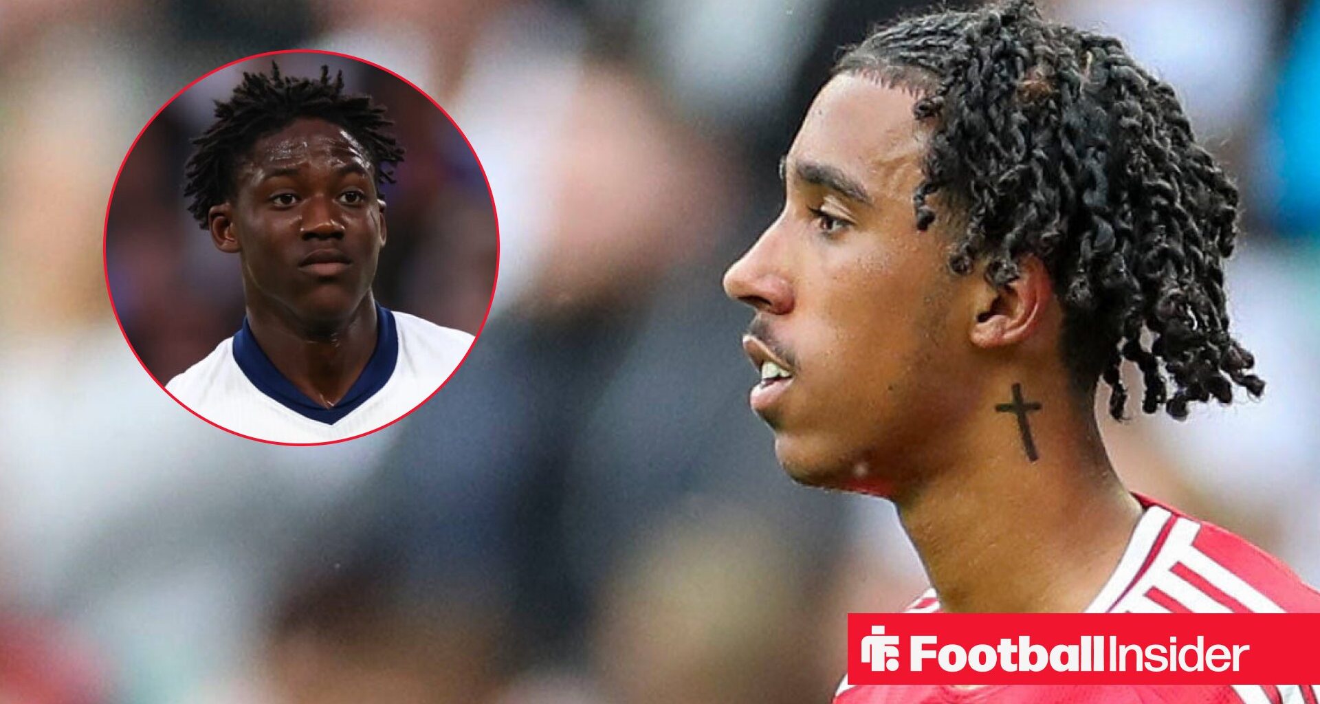 Manchester United's Kobbie Mainoo reacts to Leny Yoro amid Spurs links