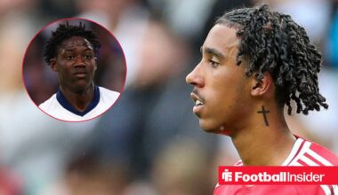 Manchester United's Kobbie Mainoo reacts to Leny Yoro amid Spurs links