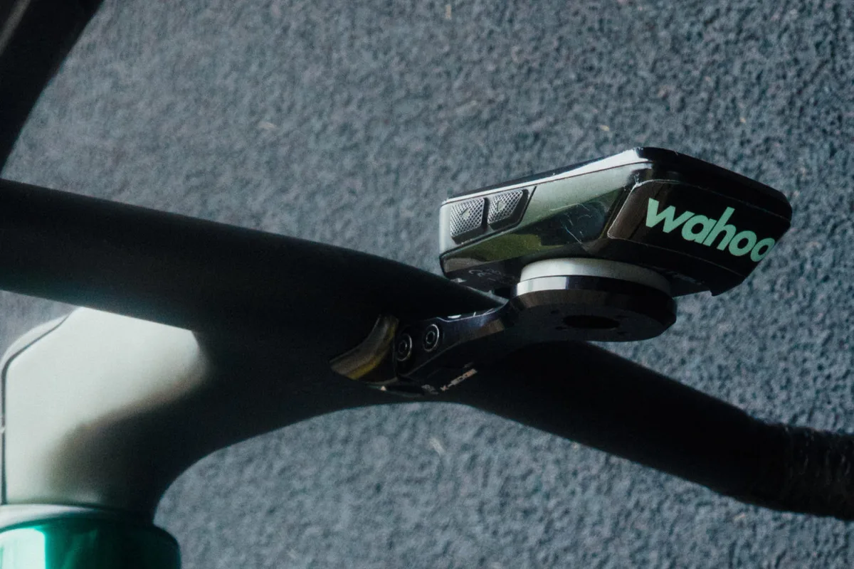 Jonathan Milan's green Trek Madone SLR for 2025 Tour de France with green Wahoo bike computer.