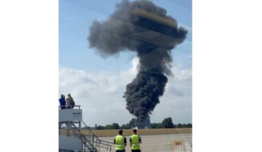 Plane crashes at London Southend Airport: Thick plum of smoke seen near crash site.
