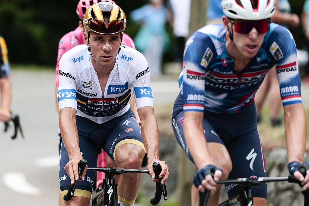 Belgian Remco Evenepoel of Soudal Quick-Step pictured in action during stage 14 of the 2025 Tour de France cycling race, from Pau to Luchon-Superbagneres (183 km), on Saturday 19 July 2025 in France. The 112th edition of the Tour de France starts on Saturday 5 July in Lille, France, and will finish in Paris, France on the 27th of July. BELGA PHOTO POOL LUCA BETTINI (Photo by POOL LUCA BETTINI / BELGA MAG / Belga via AFP)