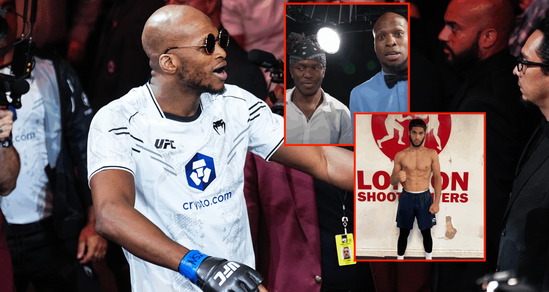 Michael Page walks to the octagon wearing a white t-shirt and sunglasses, Blocks show him with KSI, and a photo of Kia Jami