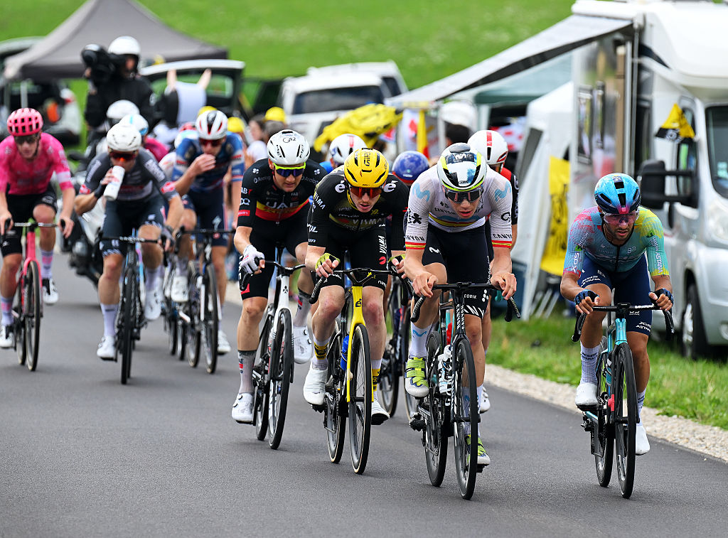 PONTARLIER, FRANCE - JULY 26: (L-R) Matteo Jorgenson of The United States and Team Visma | Lease a Bike, Ivan Romeo of Spain and Team Movistar and Simone Velasco of Italy and Team XDS Astana compete in the breakaway during the 112th Tour de France 2025, Stage 20 a 184.2km stage from Nantua to Pontarlier / #UCIWT / on July 26, 2025 in Pontarlier, France. (Photo by Tim de Waele/Getty Images)