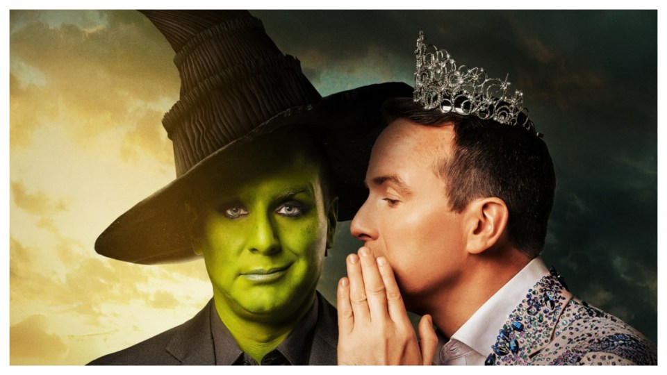 A green witch and a man wearing a crown whispering to each other.