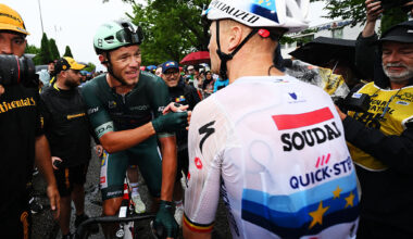 VALENCE, FRANCE - JULY 23: (L-R) The stage winner Jonathan Milan of Italy and Team Lidl - Trek - Green Sprint Jersey and Tim Merlier of Belgium and Team Soudal Quick-Step congratulate each other during the 112th Tour de France 2025, Stage 17 a 160.4km stage from Bollene to Valence / #UCIWT / on July 23, 2025 in Valence, France. (Photo by Dario Belingheri/Getty Images)