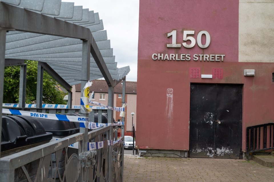 Police tape at 150 Charles Street, Glasgow.