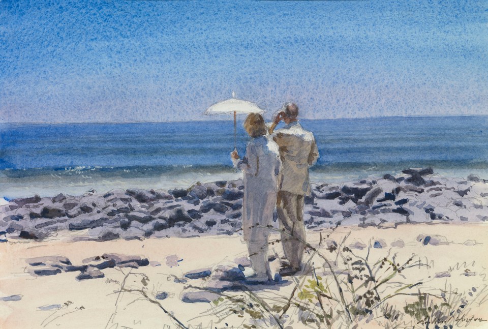 Watercolor painting of a couple standing on a rocky beach, looking out at the ocean; one holds a parasol.