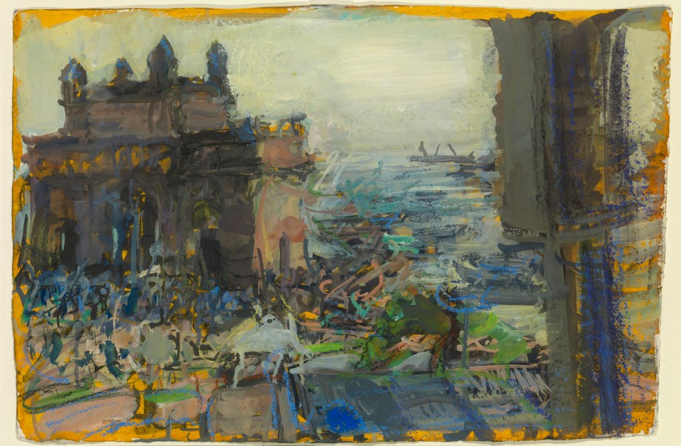 Painting of a harbor scene with a large building in the background.