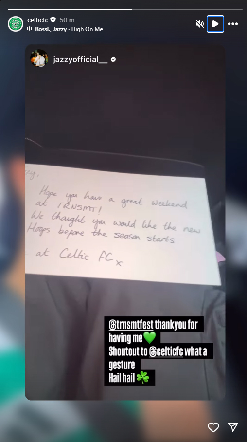 Handwritten note from Celtic FC to Jazzy.