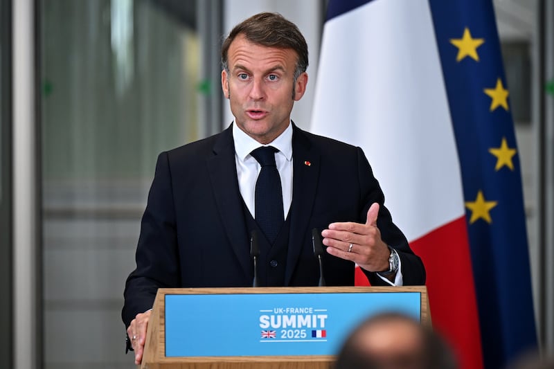 French President Emmanuel Macron as he holds a press conference with Prime Minister Sir Keir Starmer during a joint military visit in London