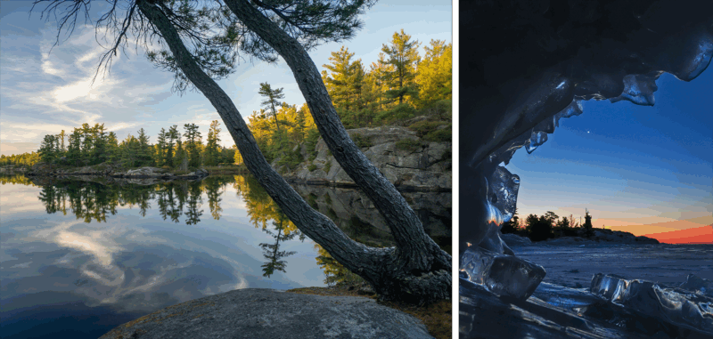 A forested lake reflects pine trees and rocks at sunset on the left, while on the right, frosty ice frames a vivid twilight sky with a crescent moon over a wintry landscape.