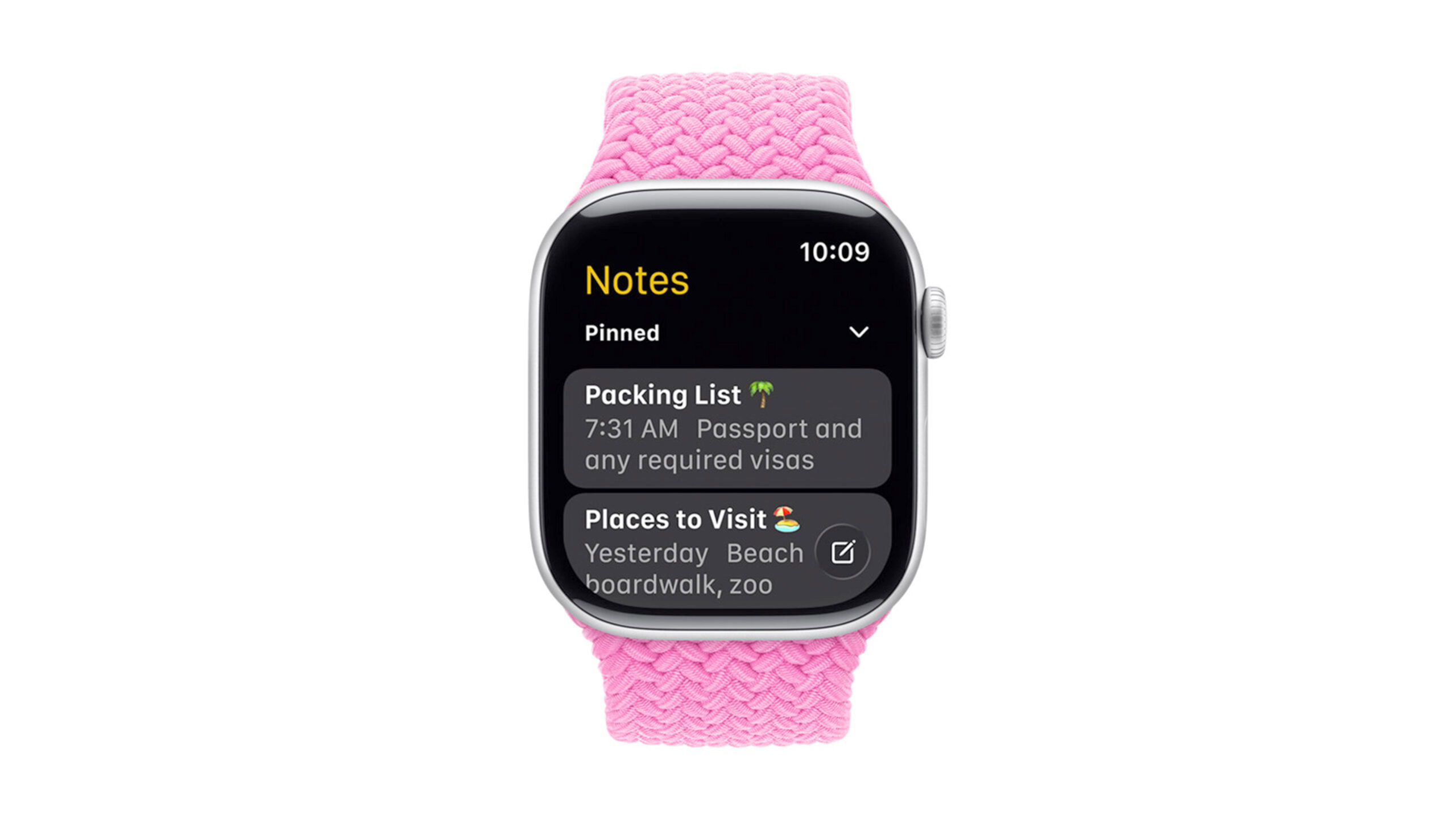An Apple Watch previews the Notes app coming via watchOS 26.
