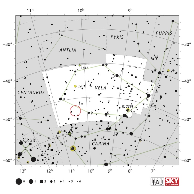 V572 Velorum location marked in constellation Vela.