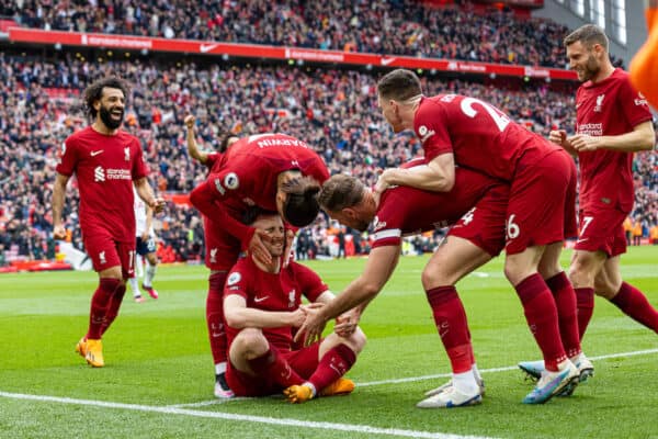 LIVERPOOL, ENGLAND - Sunday, April 30, 2023: Liverpool's Diogo Jota celebrates after scoring the fourth goal during the FA Premier League match between Liverpool FC and Tottenham Hotspur FC at Anfield. (Pic by David Rawcliffe/Propaganda)