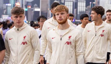 HONG KONG - Monday, July 21, 2025: Liverpool's Ben Doak and Luca Stephenson during a team walk along the Avenue of Stars after the squad arrived at the Rosewood Hotel in Hong Kong ahead of the Hong Kong Football Festival 2025 pre-season tournament. (Photo by David Rawcliffe/Propaganda)